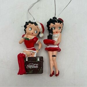 2- Vtg Rare 4” Betty Boop Red Dress Coca-cola Christmas Ornaments Glitter
